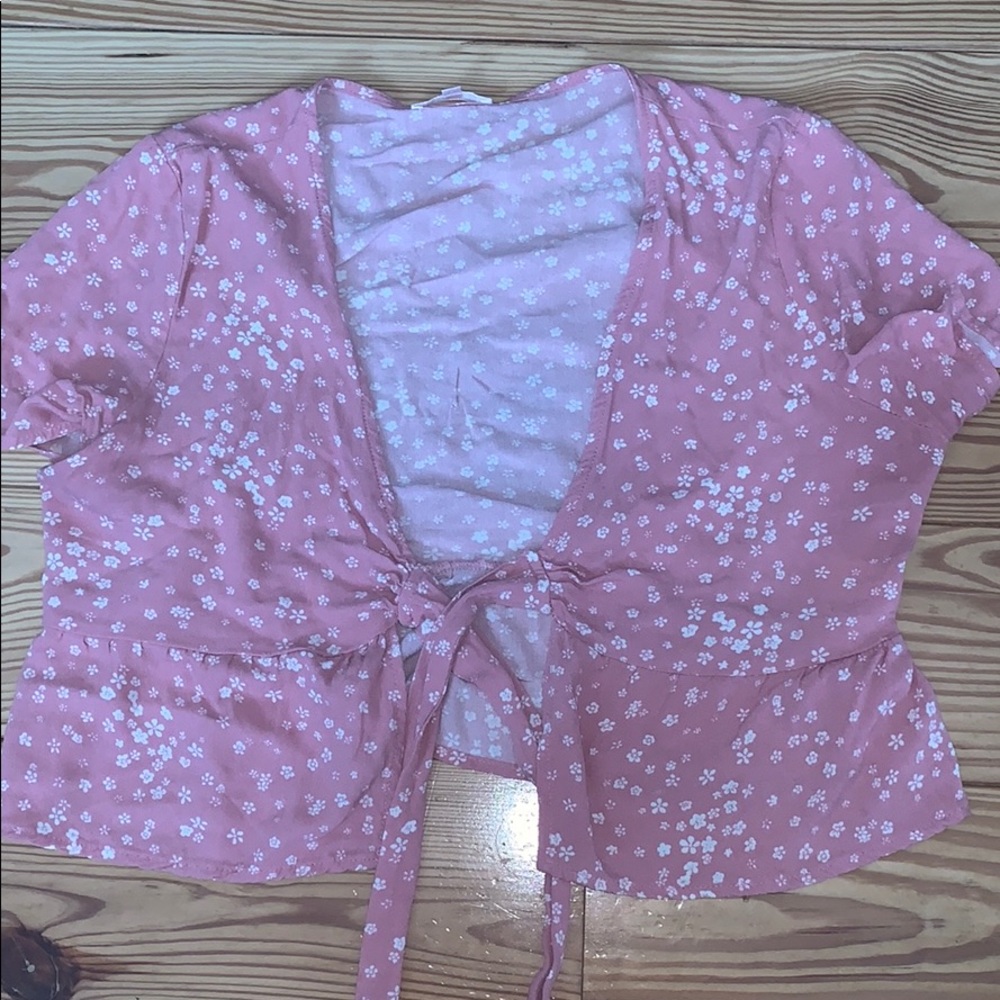 Pink floral tie up shirt